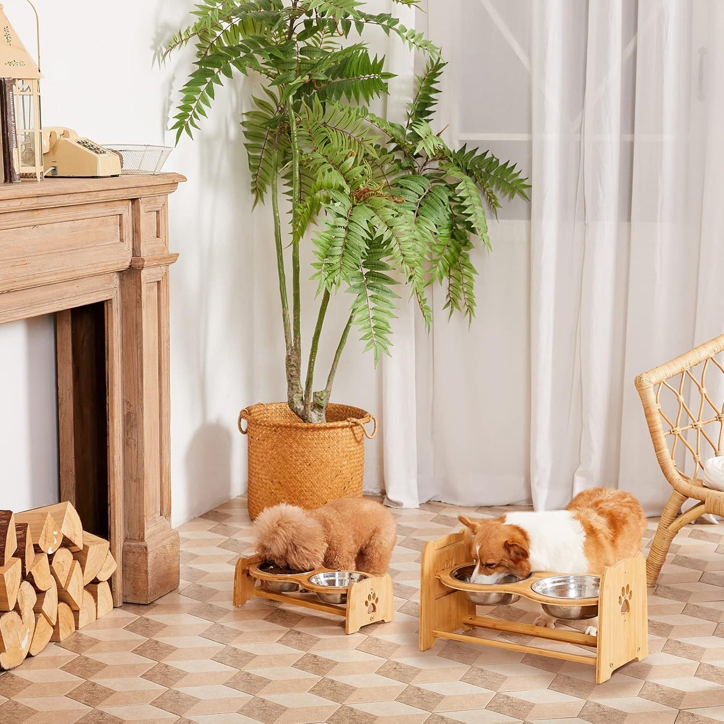 X-ZONE PET Elevated Dog Bowls for Cats and Dogs, Adjustable Bamboo Raised Dog Bowls for Medium Dog, Food and Water Set Stand Feeder with 2 Stainless Steel Bowls and Anti Slip Feet (Height 4.7" to 7")