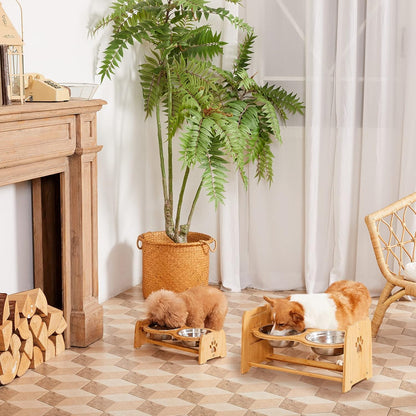 X-ZONE PET Elevated Dog Bowls for Cats and Dogs, Adjustable Bamboo Raised Dog Bowls for Medium Dog, Food and Water Set Stand Feeder with 2 Stainless Steel Bowls and Anti Slip Feet (Height 4.7" to 7")