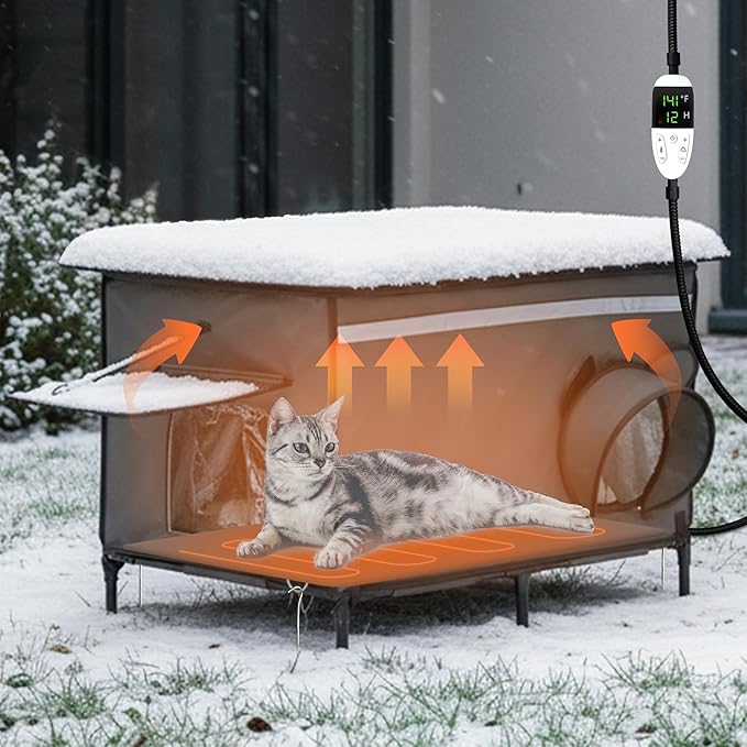 Heated Outdoor cat House for Outside, Weatherproof Insulated Feral Cat Shelter with Timer-Temp Control Heating Pad in Winter, Large Elevated Outdoor Cat House with Zipper, 2 Doors, Safety-Dark Gray