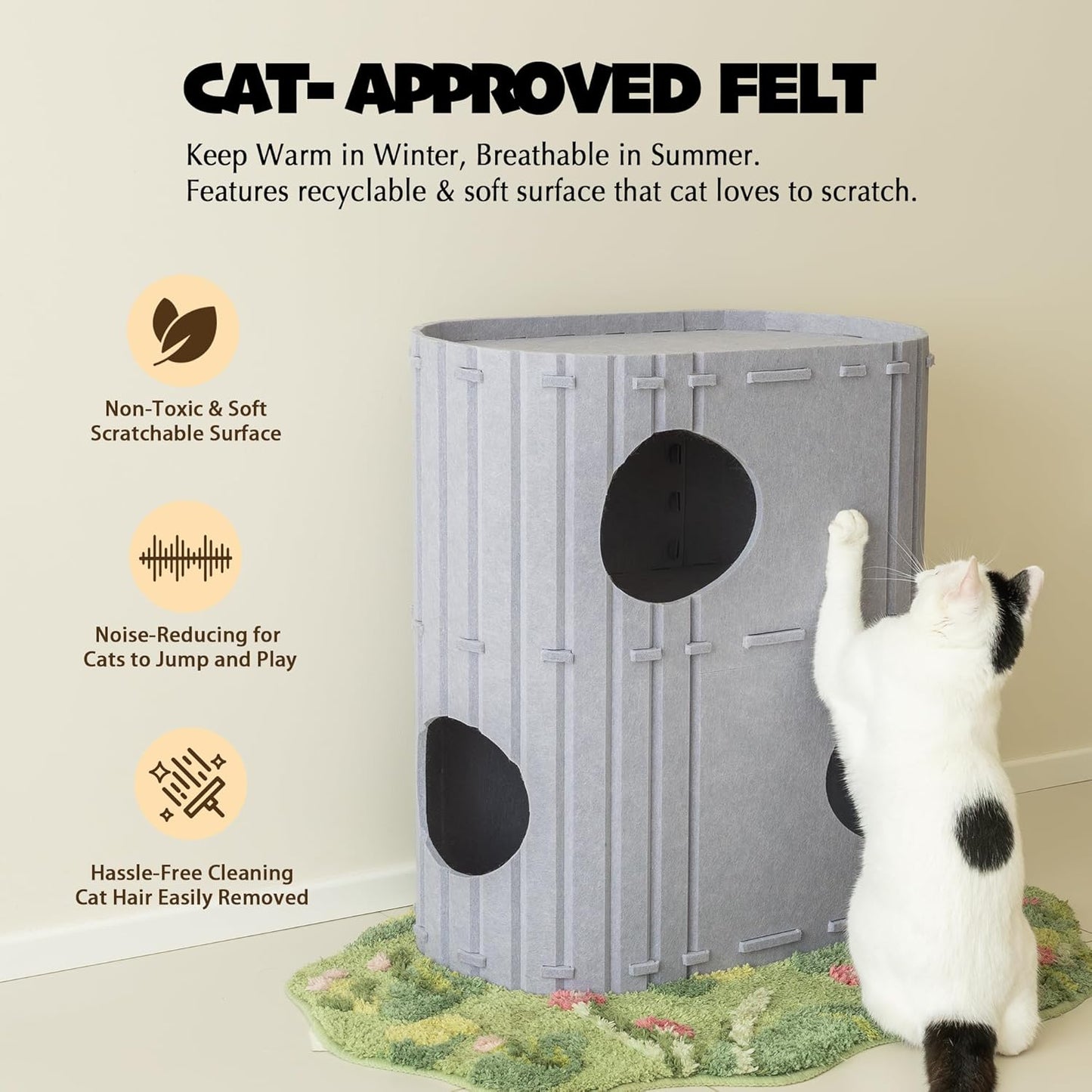 PETKARAY 2-Story Felt Cat House, Large Bed Cave for Indoor Cats, Felt Tunnel Hideaway Condo for Multi-Cat Households, 23.6x22x12 inches, Grey