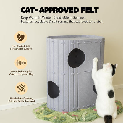 PETKARAY 2-Story Felt Cat House, Large Bed Cave for Indoor Cats, Felt Tunnel Hideaway Condo for Multi-Cat Households, 23.6x22x12 inches, Grey