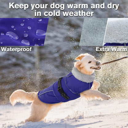 Lelepet Warm Dog Coat Reflective Fleece Vest Waterproof Dog Jacket with Adjustable Buckle Hook & Loop Windproof Cold Weather Coats for Small Medium Large Dogs, Blue, L