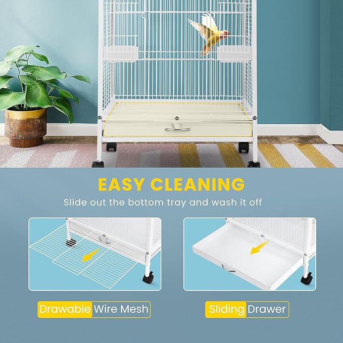 VIVOHOME 30 Inch Height Wrought Iron Bird Cage with Rolling Stand for Conures Lovebirds Cockatiels Finches, White