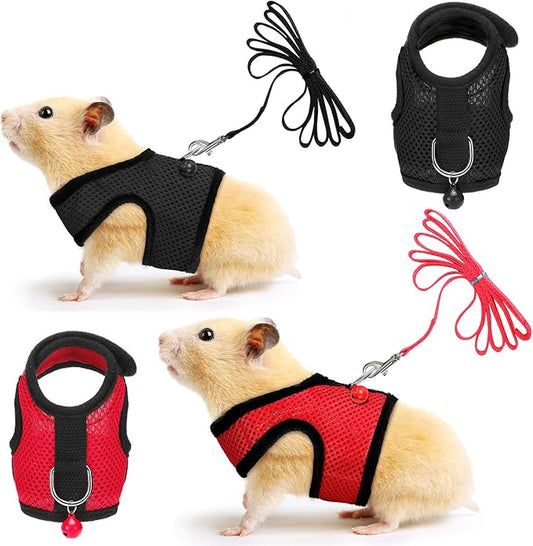 SATINIOR 2 Pieces Guinea Pig Clothes Baby Ferret Rats Hamster Soft Mesh Harness Leash Vest Set with Bell for Guinea Pigs, Hamster, Ferret, Rabbit, Chinchilla and Similar Small Animals(Black, Red,S)
