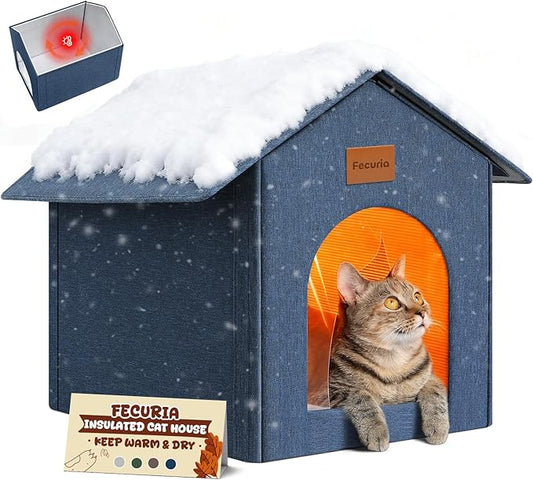 Insulated Outdoor Cat House Weatherproof, Winter Cat Houses for Outdoor Cats with Heated-Foil, Waterproof Feral Stray Cat Shelter with Warm Mat and Door Curtain, Easy to Assemble, Navy Blue