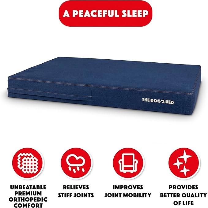 The Dog’s Bed Orthopedic Memory Foam Dog Bed, XXL Blue Denim, Pain Relief for Arthritis, Hip & Elbow Dysplasia, Post Surgery, Lameness, Supportive, Calming, Waterproof Washable Cover