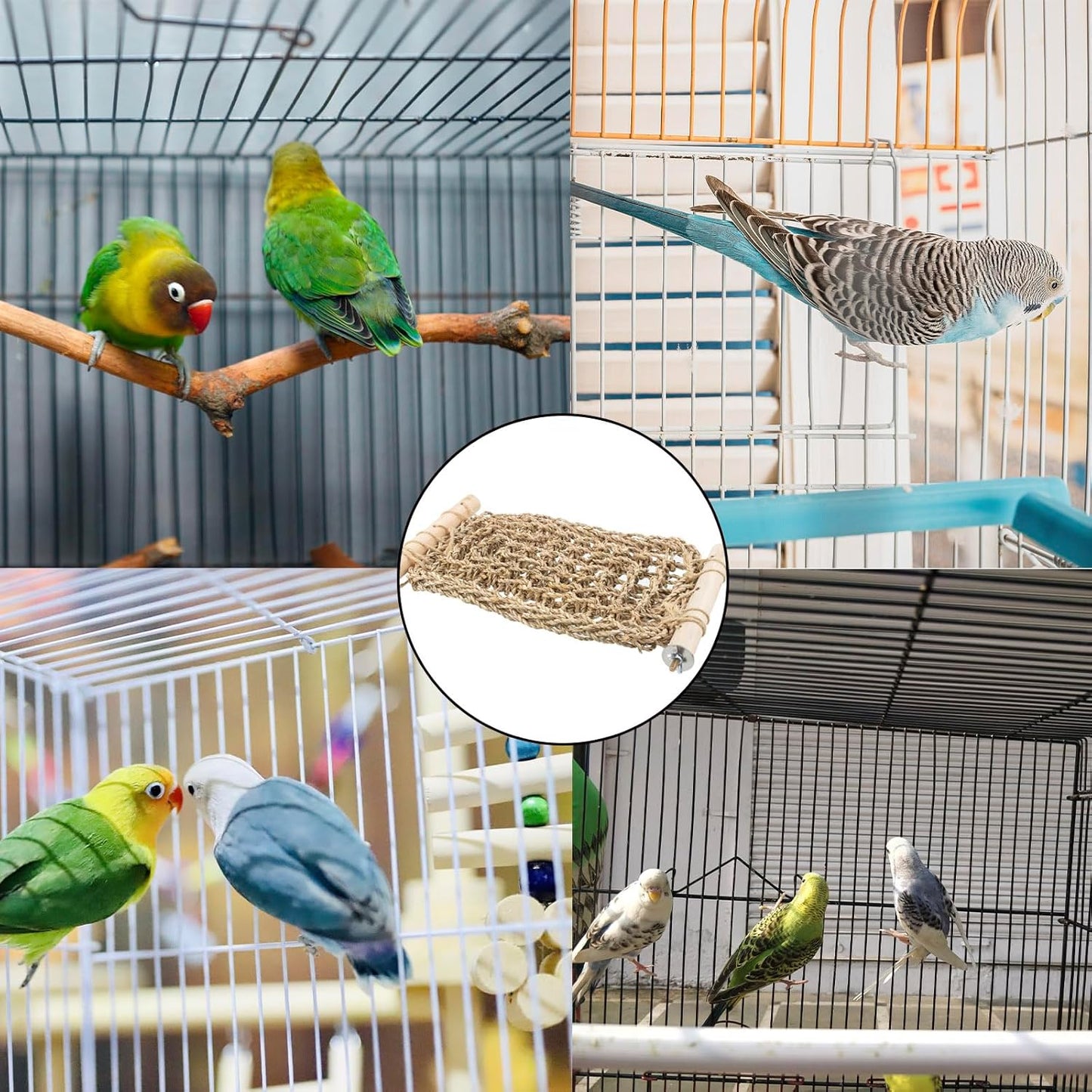 FlidRunest Conure Ladder Perch for Cage, Bird Seagrass Ladder Bridge Exercise Stands, Natural Hand-Woven Parrot Net Climbing Chewing Hammock, Cage Accessories for Lovebird Conure Budgie Parakeet