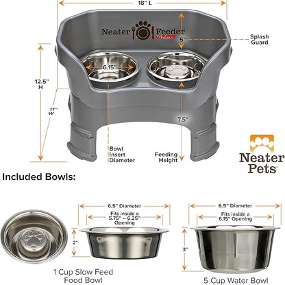 Neater Feeder Deluxe Mess Proof Dog Bowls Elevated for Medium Sized Breeds – Made in USA – No Spill Raised Slow Feeder Elevated Dog Bowl Stand w/Leg Extensions, Food and Water Bowl Set, Grey