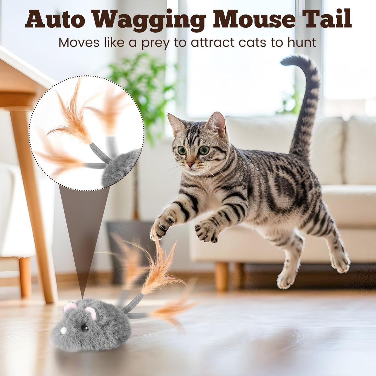Moving Cat Toy Squeaky Cat Mouse Toy Automatic Interactive Cat Toys for Indoor Cats Mouse Toys for Cats with Wagging Tail