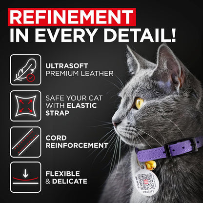 Leather Cat Collar with Bell and Safety Elastic Strap Breakaway Alternative for Small & Large Kittens, Stylish Pet Leather Collar for Boy, Girl Cats with Metal Buckle & QR ID Tag (Purple)