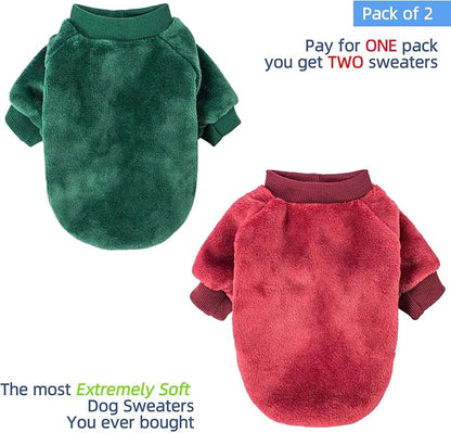 FabriCastle Christmas Dog Sweater, 2-Pack Dog Clothes, Soft and Warm Pet Jackets for Small Dogs & Cats, Winter Pet Apparel Costumes, Puppy Outfits (Dark red,Dark Green, X-Small)