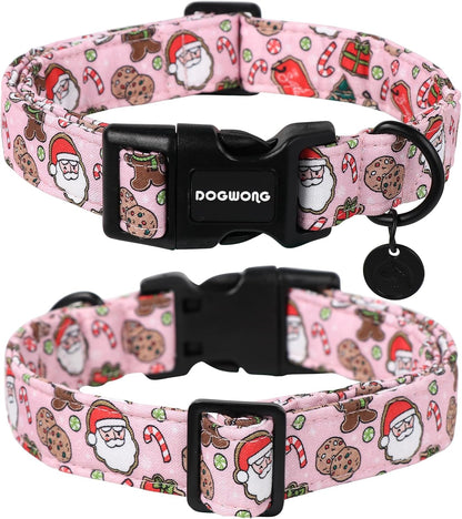 DOGWONG Christmas Cotton Dog Collar, Pink Santa Claus Dog Collar Durable Holiday Pet Dog Collars Cute Puppy Necklace for Small Medium Large Dogs