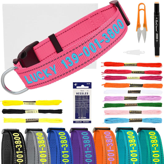 DIY Personalized Embroidered Dog Collar - Custom Hand-Stitched Name & Number, Reflective Adjustable Pet Collar for Small/Medium/Large Dogs & Cats, Durable Nylon with Steel D-Ring (Hotpink, Large)