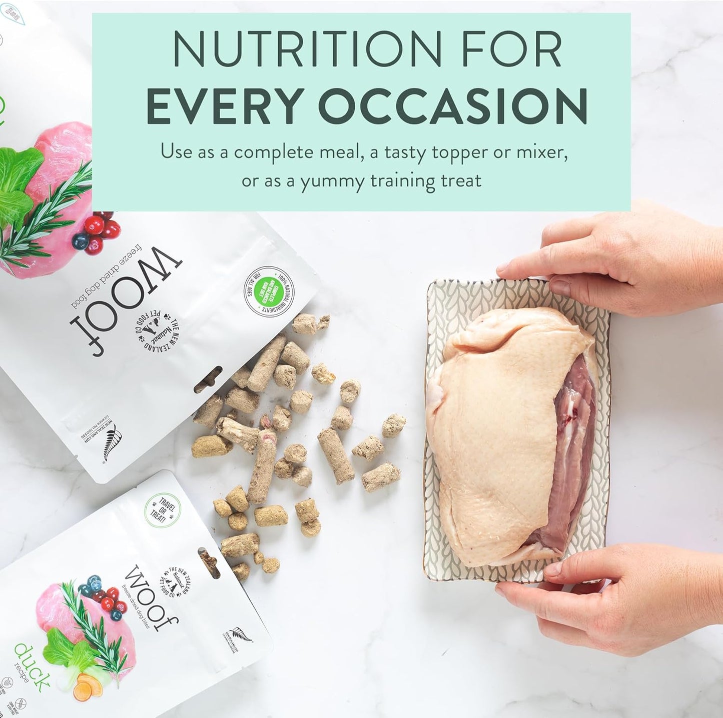 The New Zealand Natural Pet Food Co WOOF Freeze Dried Dog Food - Duck Recipe, High Protein Dog Food, Natural Dog Treats, Toppers & Meals, 2.2 lb