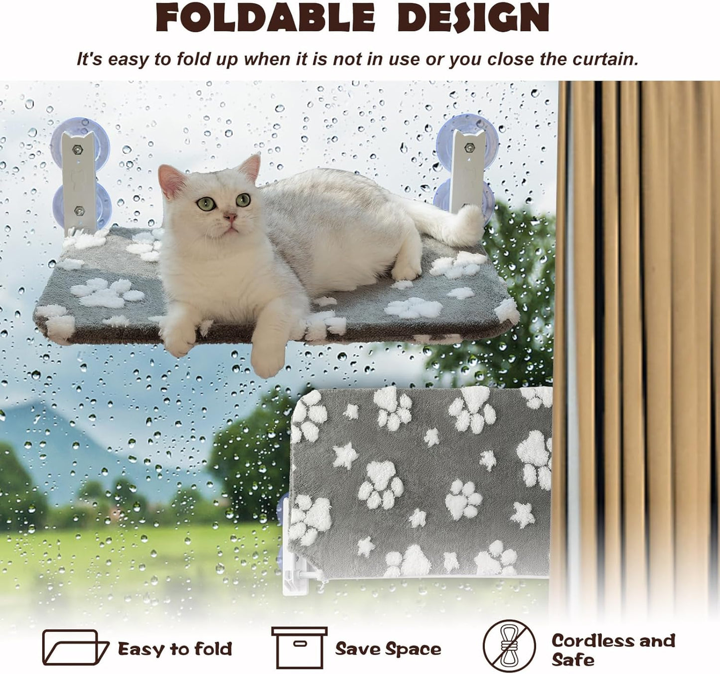 Cat Window Perch, Foldable Cat Window Hammock with Cute 3D Textured Paw Cover and Strong Suction Cups, Cordless Window Seat Bed for Indoor Cats (Grey, Large)
