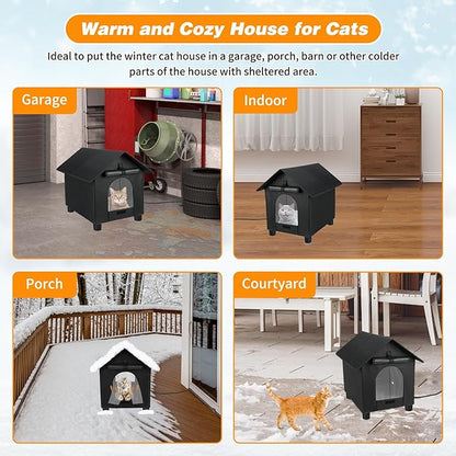 BWOGUE Extra-Large Elevated Heated Cat House for Outdoor Cats in Winter, Waterproof & Insulated Feral Cat Shelter for Outside Cats, Weatherproof Feral Cat House for Outside(Extra-Large Black)