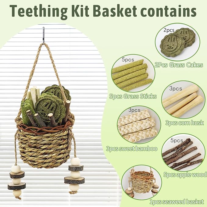 kathson Bunny Chew Toys for Teeth Grinding, Rabbit Wooden Scratch Board Feet Pad Platform Natural Seagrass Hanging Basket Small Animals Play Toy for Guinea Pigs Chinchilla Hamsters(C)