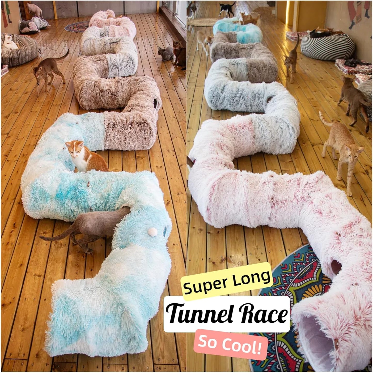 XxingSheep 4 Cave Shuttled XL Cat Tunnel Bed for Indoor Cats Peekaboo Toy Donut with Warm Mat, White