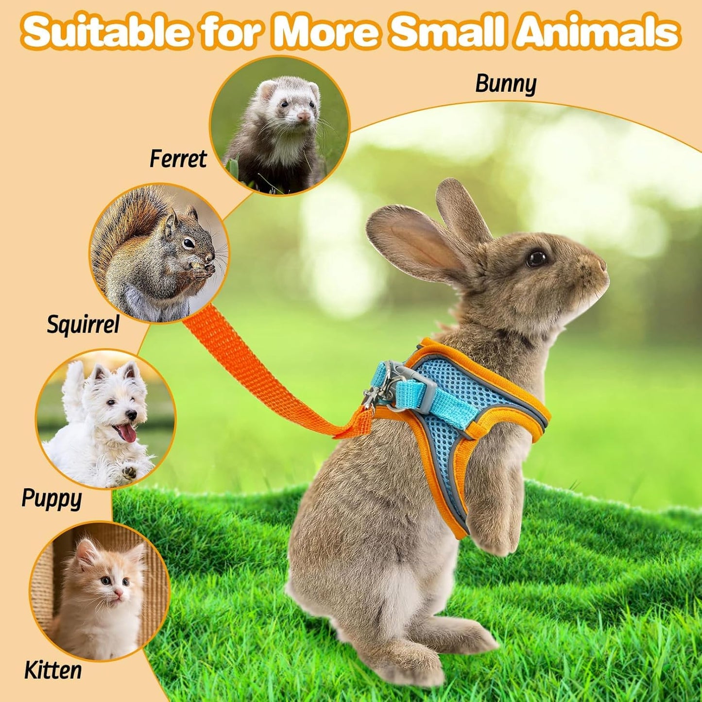 PINVNBY 2 Pack Bunny Hsrness and Leash Set Adjustable Rabbit Harness with Reflective Strips Double Buckle Pet Vest Eescape Proof for Small Rabbit Kitten Puppy Walks Accessories (Orange Blue, S)