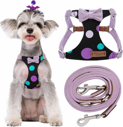 Puppytie No Pull Small Dog Harness with Multifunction Dog Leash,Lightweight Soft Adjustable No Choke Escape Proof Pet Harness Vest Pet Harness Vest,Polka dots Taro Purple,S