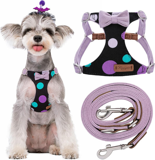 Puppytie No Pull Small Dog Harness with Multifunction Dog Leash,Lightweight Soft Adjustable No Choke Escape Proof Pet Harness Vest Pet Harness Vest,Polka dots Taro Purple,S