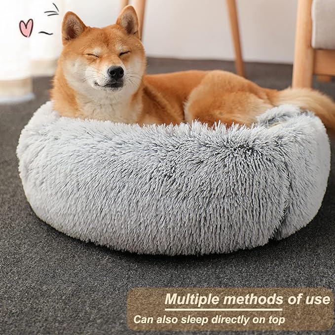 Small Dog Bed, Nest Warm Super Soft Plush Faux Fur Washable Dog Bed with Non-Slip Bottom for Medium Small Dogs Snooze Sleeping Indoor (Gray-65cm/25in)