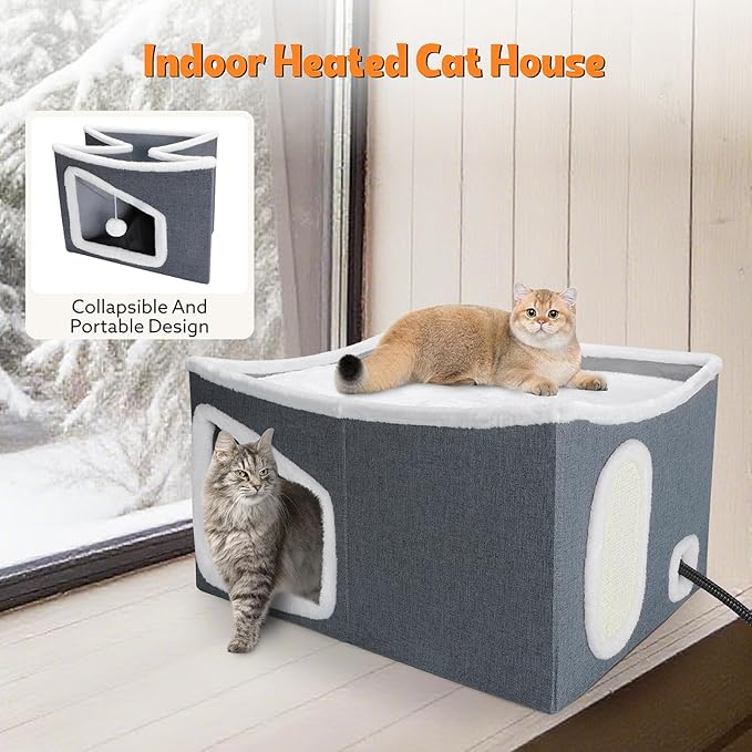 Heated Cat House for Indoor, Large Cat Bed with Heating Pad, Adjustable Temperature&Timing, with Fluffy Ball Hanging and Scratch Pad, Foldable Pet Hideaway for Small Medium and Large Cats (XXL)