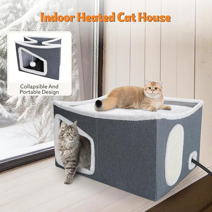 Heated Cat House for Indoor, Large Cat Bed with Heating Pad, Adjustable Temperature&Timing, with Fluffy Ball Hanging and Scratch Pad, Foldable Pet Hideaway for Small Medium and Large Cats (XXL)