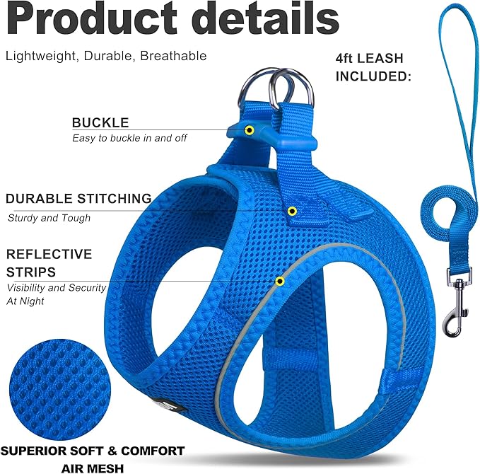 Fida Comfy Dog Harness with Leash, Soft Puppy Vest Escape Proof, Breathable Lightweight Soft Mesh, Adjustable Reflective Step-in Harness for Small Pet Walking (S, Blue)