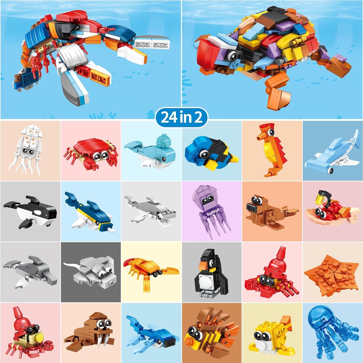 Party Favors for Kids - 24 Pack Ocean Animals Building Block Toy Goodie Bags Fillers Classroom Prizes Stuffers Gifts Building Set, Christmas Birthday Gift for Boys Girls Ages 6-12