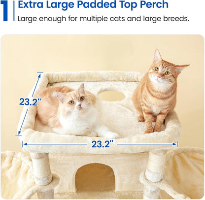 MWPO Extra Large Cat Tree, 77.6-Inch Tall Cat Tower for Indoor Cats with 2 Condos, Multi-Level Cat Stand for Large Cats, 3 Hammocks, Wide Perch, Scratching Posts, Dangling Toys, Beige