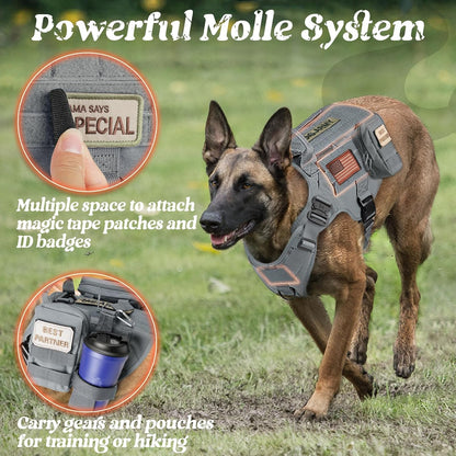 rabbitgoo Tactical Dog Harness Medium Sized, Heavy Duty Pet Harness with Handle, No-Pull Service Vest Medium Breed, Adjustable Military Dog Vest for Training Hunting Walking, Grey, M