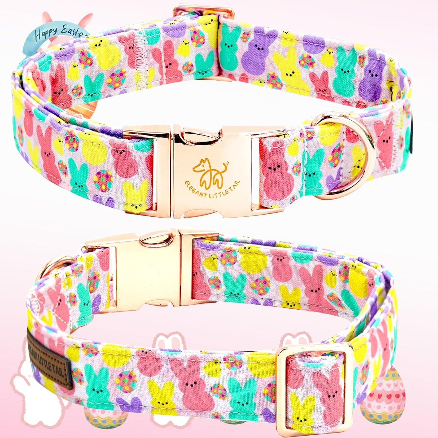 Elegant little tail Easter Dog Collar, Bunny Print Pet Collar Durable Cotton Dog Collars Girl or Boy Metal Collars Holiday Pet Gift Adjustable Dog Collar for Small Dogs
