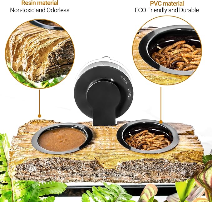 2 in 1 Reptile Feeding Ledge & Turtle Basking Platform, Resin Suction Cup Feeder with 4PCS Cups, Terrarium Water Bowl Food Dish - Tank Accessories for Crested Gecko Lizards & Aquatic Turtles