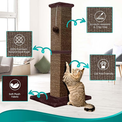 Cat Scratching Post 32 Inch for Indoor Large Cats and Kitten, Nature Sisal Tall Cat Scratch Post, Sisal Cat Scratcher Improve Cat's Scratching Habits and Protect Your Furniture, Full Brown