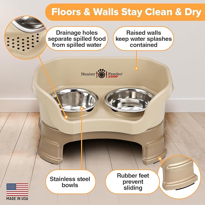 Neater Feeder Deluxe Mess Proof Cat Bowls Elevated for All Breeds – Made in USA – No Spill Raised Cat Bowls for Indoor Cats w/Leg Extensions – Stainless Steel Cat Food and Water Bowl Set - Beige
