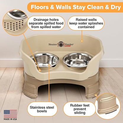 Neater Feeder Deluxe Mess Proof Cat Bowls Elevated for All Breeds – Made in USA – No Spill Raised Cat Bowls for Indoor Cats w/Leg Extensions – Stainless Steel Cat Food and Water Bowl Set - Beige