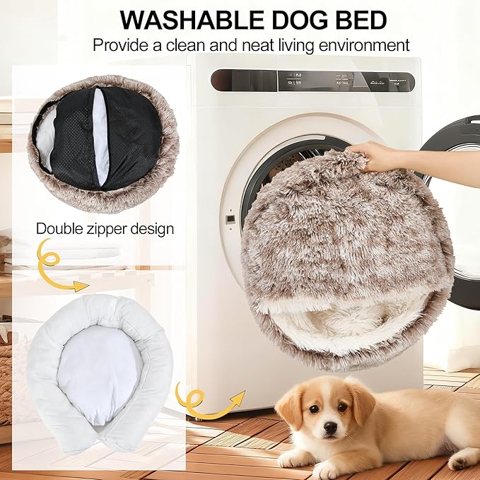 Calming Dog Beds & Cat Cave Bed with Hooded Cover,Removable Washable Round Beds for Small Medium Pets,Anti-Slip Faux Fur Fluffy Coved Bed for Improved Sleep,Fits up to 15/25 lbs(Medium,24"x24")
