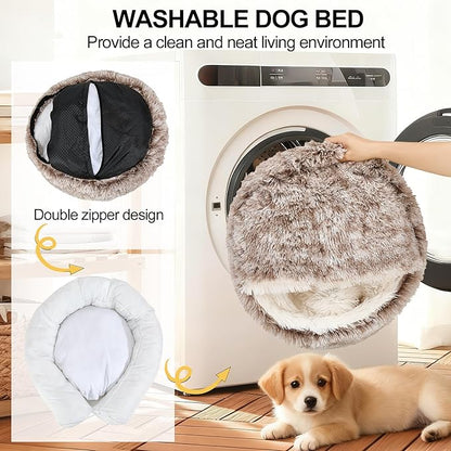 Calming Dog Beds & Cat Cave Bed with Hooded Cover,Removable Washable Round Beds for Small Medium Pets,Anti-Slip Faux Fur Fluffy Coved Bed for Improved Sleep,Fits up to 15/25 lbs(Medium,24"x24")