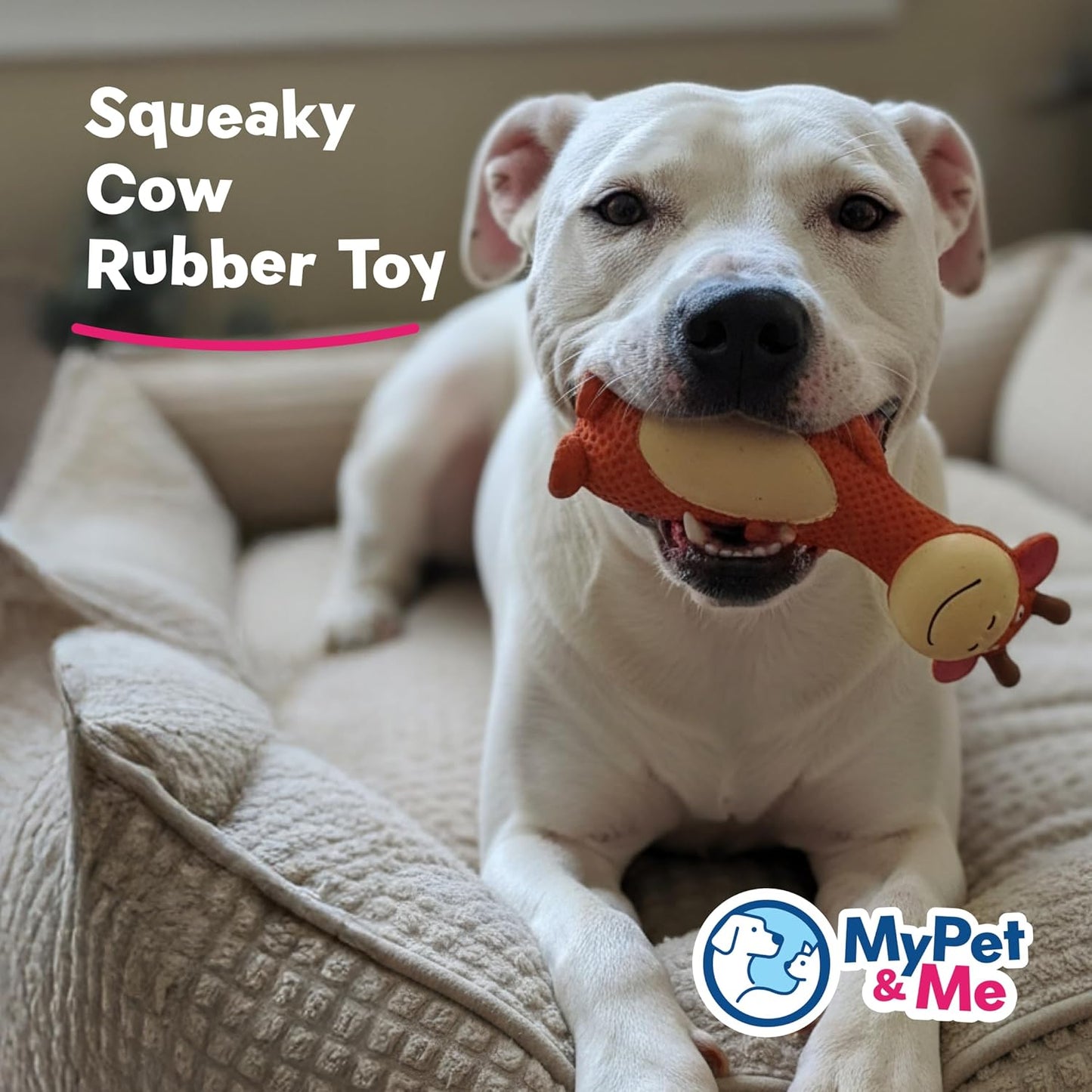 My Pet & Me - Squeaky Dog Toys for Light to Moderate Chewers - Fun Latex Toys for Puppies, Teething, and Gentle Play - Interactive Fetch and Chew Toy with Squeaker (Orange Cow, 6 Inch)