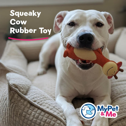 My Pet & Me - Squeaky Dog Toys for Light to Moderate Chewers - Fun Latex Toys for Puppies, Teething, and Gentle Play - Interactive Fetch and Chew Toy with Squeaker (Orange Cow, 6 Inch)