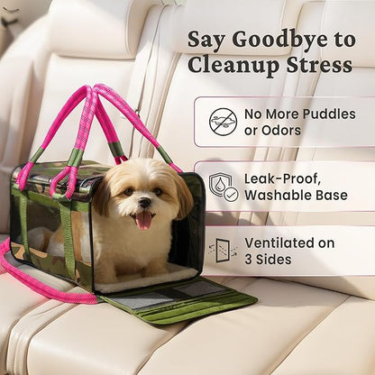| TSA Airline Approved |Soft Sided Pet Carrier | Cat Carrier | Dog Carrier| Pets Up to 15 lbs | Leash & Luggage Strap | Camo Pink Handle