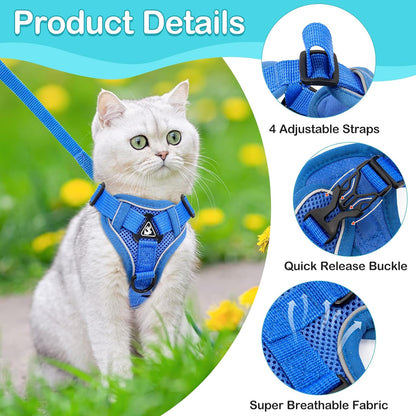 Cat Harness and Leash for Walking Soft Cat Harness Escape Proof, Adjustable Kitten Harness Cat Leash Reflective Strips Jacket, Breathable Cat Vest Harness Set for Kitten Easy to Wear Outdoor Walking