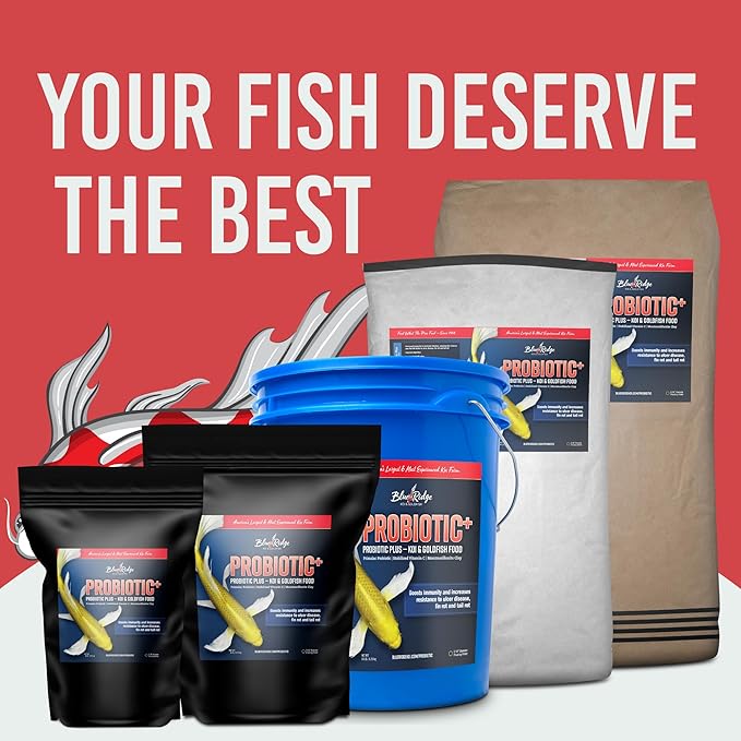 Blue Ridge Koi Fish Food 25lb - 3/16" Probiotic Plus for Goldfish and Ponds, Premium Fall and Winter Floating Pellets