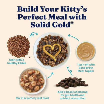 Solid Gold Bone Broth Cat Food Topper - Limited Ingredient Lickable Cat Broth Pouches w/Salmon Protein Shreds & Collagen for Hydration & Gut Support - Easy to Serve Gravy for Cats Meal Topper - 12ct