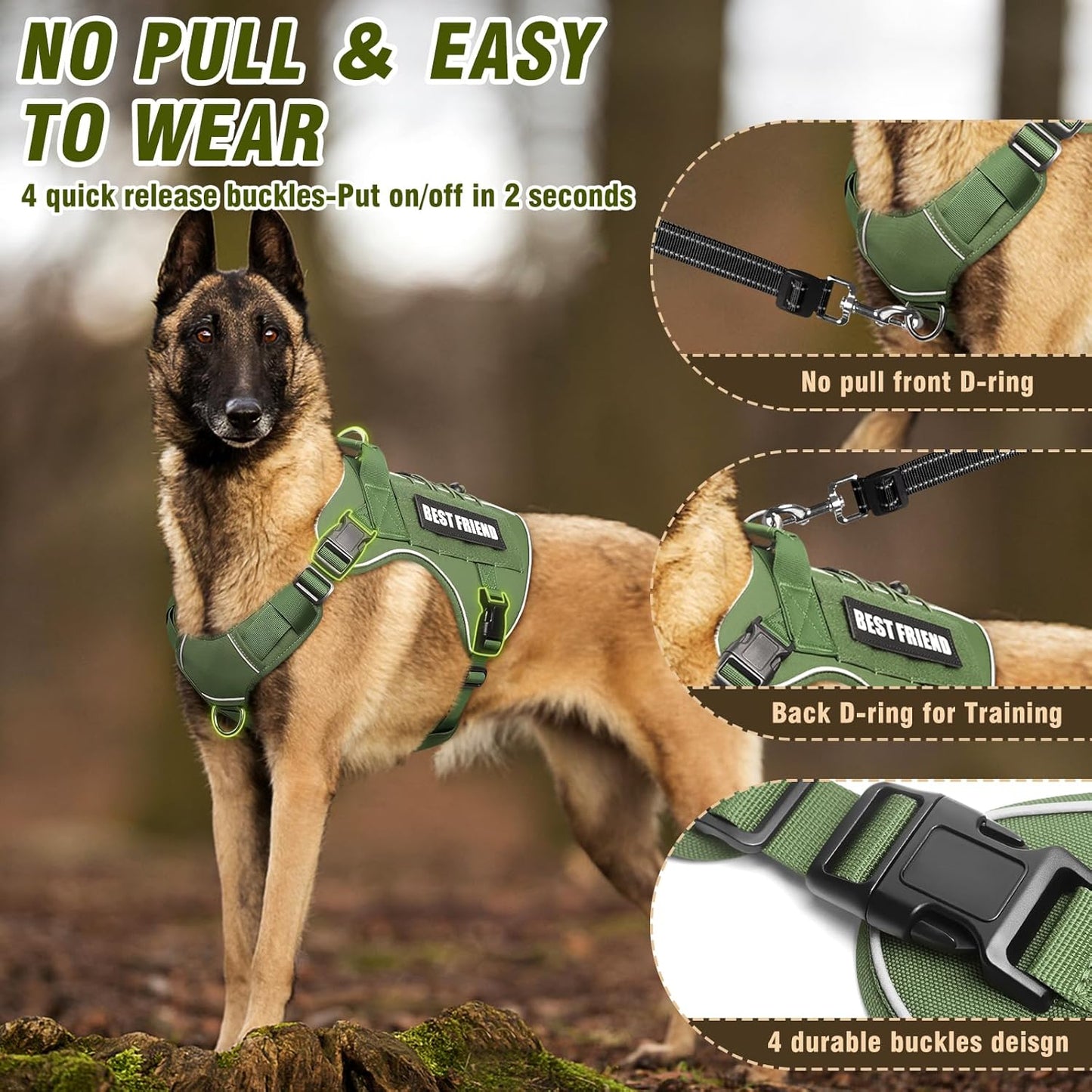Tactical Dog Harness for Large Dogs,No Pull Military Dog Vest with Handle,Reflective Heavy Duty Pet Harness for K9 Working Walking Hiking Training Green XL