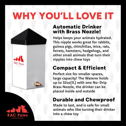 RentACoop 32oz(1L) Small Animal Drinker with No-Drip Brass Nozzle - Suitable for Small Pets, Bunnies, Hamsters, Guinea Pigs, Hedgehogs, Rabbits, Chinchillas, Mice and Rats