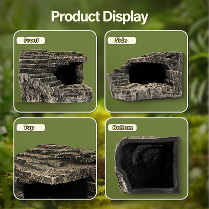 Reptile Hide, Great for Geckos, Snakes, Bearded Dragons & Lizards. with Steps for Rock Climbing, It Doubles as Aquarium Rock Cave Corner Cave for Climbing Hiding. (Stone, A-XLarge)