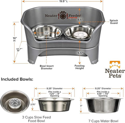 Neater Feeder - Express Model w/ Slow Feed Bowl - Mess-Proof Dog Bowls (M/L, Grey) Made in USA – Elevated, No Spill, Non-Tip, Non-Slip, Raised Stainless Steel Food/Water Pet Bowls Aid Digestion