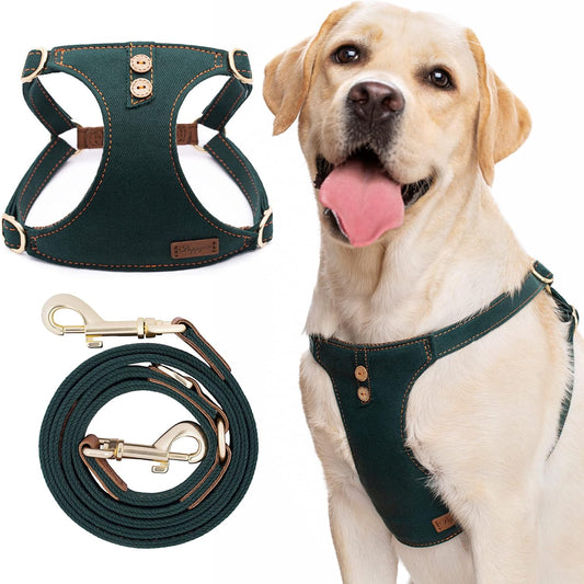 Dog Harness, No Pull Dogs Harness and Multi-Function Leash Set for Medium Dogs Easy Walk Everyday Adjustable Soft Dog Vest Harness Fashionable Dog Accessories Denim Vintage Green-Button-L